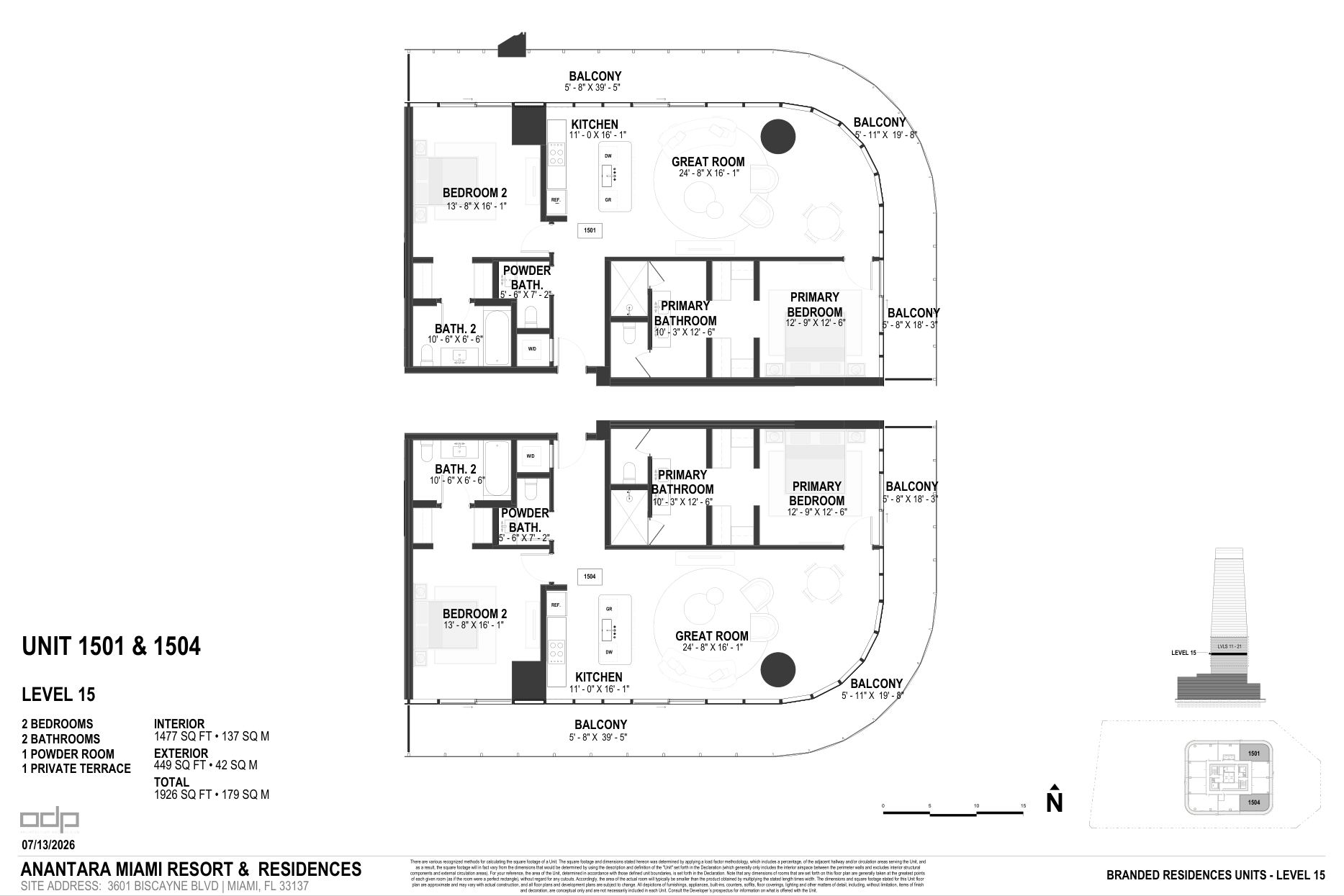 Developer floor plan, Residence 1501, levels 11 to 21