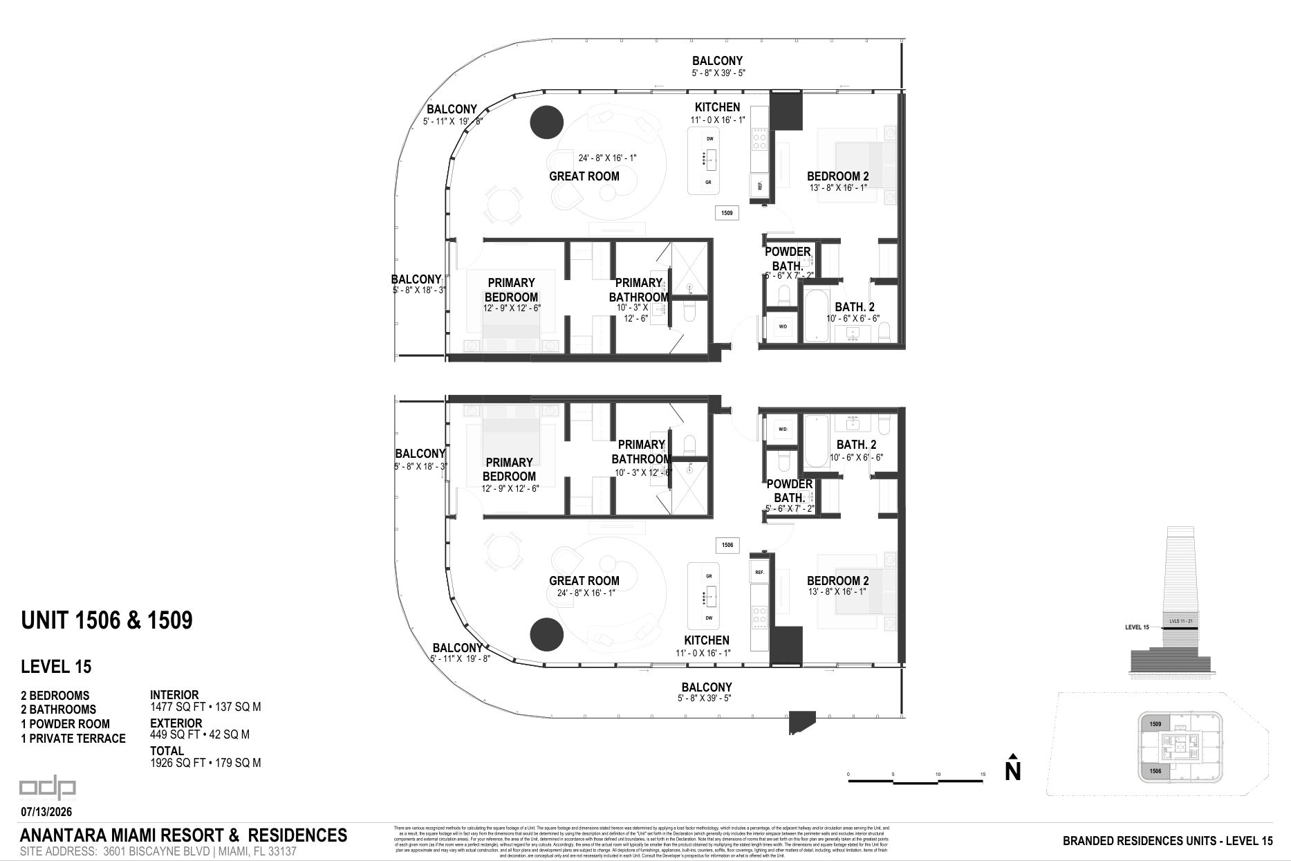 Developer floor plan, Residence 1506, levels 11 to 21