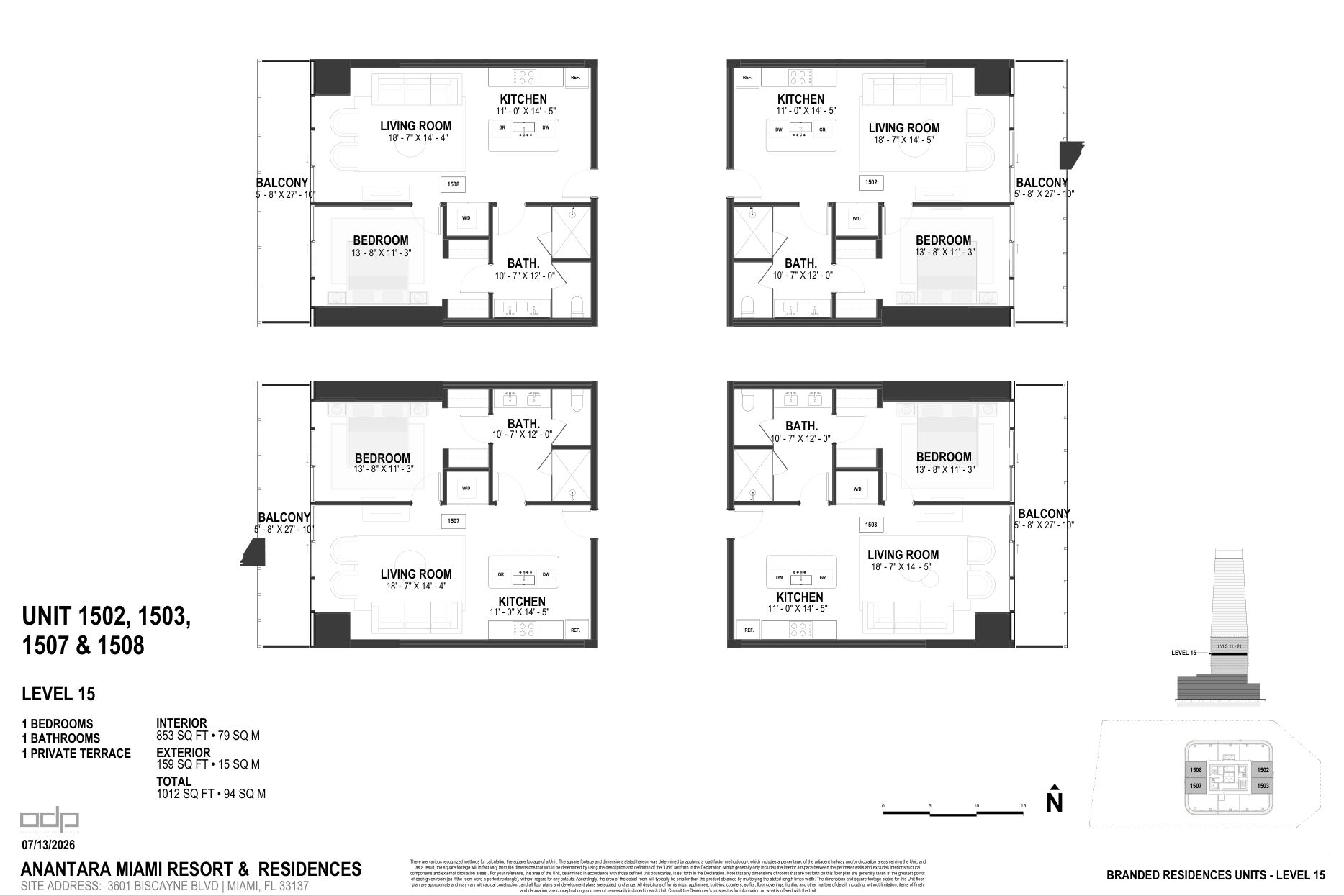 Developer floor plan, Residence 1502, levels 11 to 21